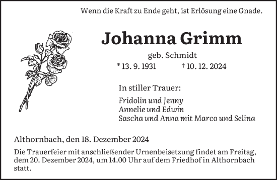 Todesanzeige von Johanna Grimm von saarbruecker_zeitung