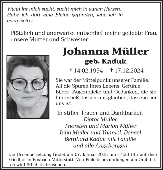 Todesanzeige von Johanna Müller von saarbruecker_zeitung