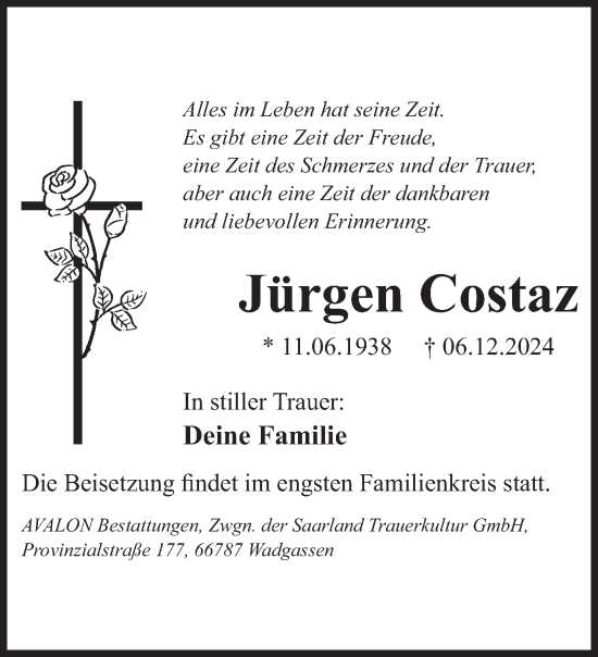 Todesanzeige von Jürgen Costaz von saarbruecker_zeitung