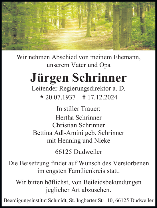 Todesanzeige von Jürgen Schrinner von saarbruecker_zeitung