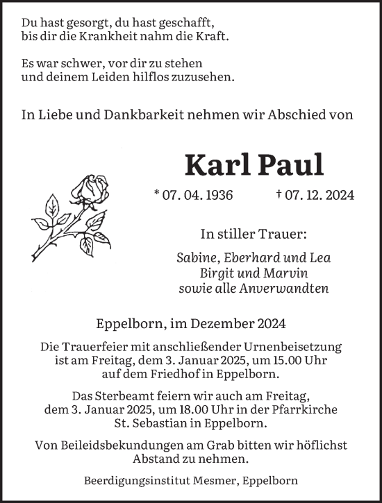 Todesanzeige von Karl Paul von saarbruecker_zeitung