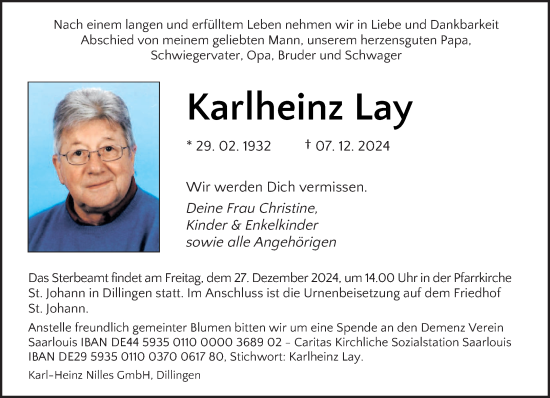 Todesanzeige von Karlheinz Lay von saarbruecker_zeitung