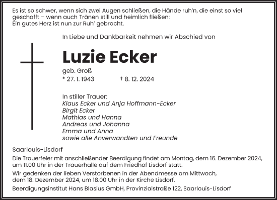 Todesanzeige von Luzie Ecker von saarbruecker_zeitung