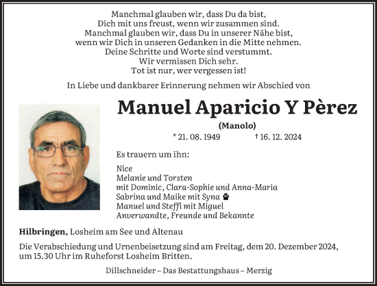 Todesanzeige von Manuel Aparicio Y Perez von saarbruecker_zeitung