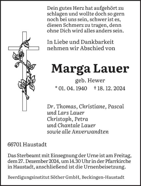 Todesanzeige von Marga Lauer von saarbruecker_zeitung