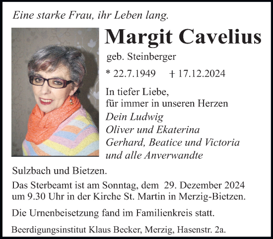 Todesanzeige von Margit Cavelius von saarbruecker_zeitung