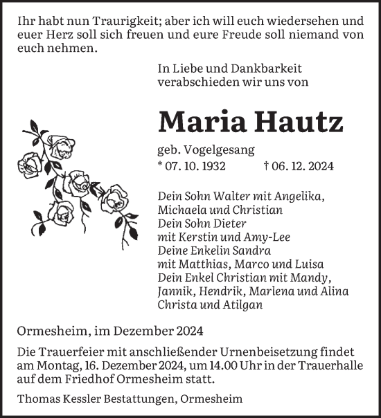 Todesanzeige von Maria Hautz von saarbruecker_zeitung