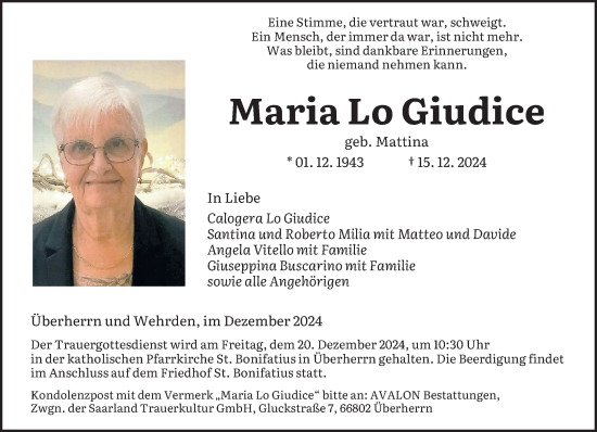 Todesanzeige von Maria Lo Giudice von saarbruecker_zeitung