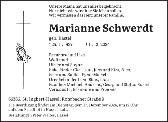 Todesanzeige von Marianne Schwerdt von saarbruecker_zeitung