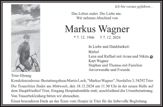 Todesanzeige von Markus Wagner von saarbruecker_zeitung