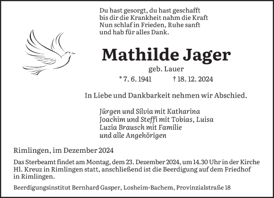 Todesanzeige von Mathilde Jager von saarbruecker_zeitung