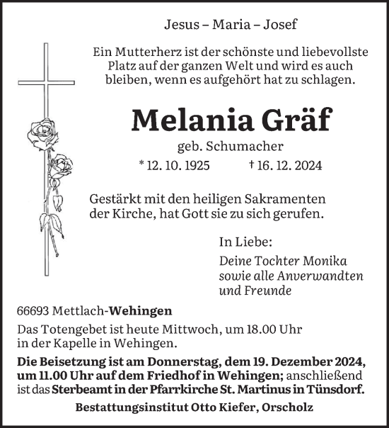 Todesanzeige von Melania Gräf von saarbruecker_zeitung