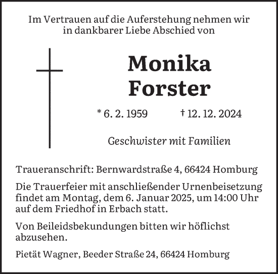 Todesanzeige von Monika Forster von saarbruecker_zeitung