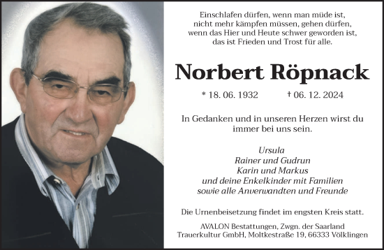 Todesanzeige von Norbert Röpnack von saarbruecker_zeitung