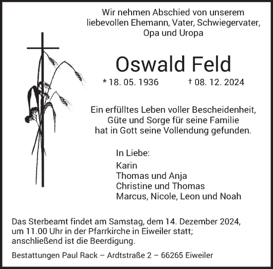 Todesanzeige von Oswald Feld von saarbruecker_zeitung