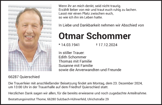 Todesanzeige von Otmar Schommer von saarbruecker_zeitung