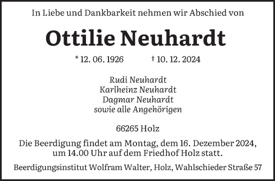 Todesanzeige von Ottilie Neuhardt von saarbruecker_zeitung