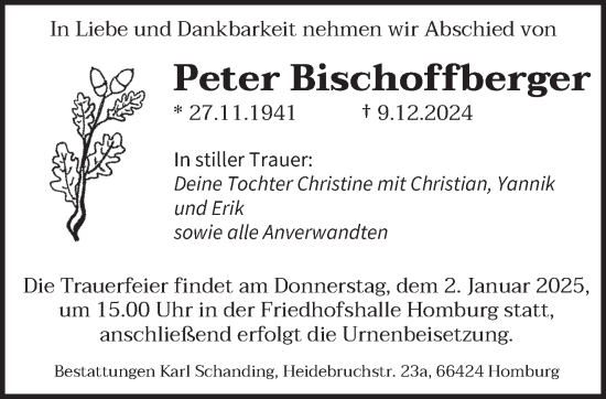 Todesanzeige von Peter Bischoffberger von saarbruecker_zeitung