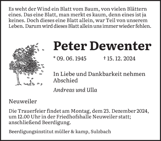 Todesanzeige von Peter Dewenter von saarbruecker_zeitung