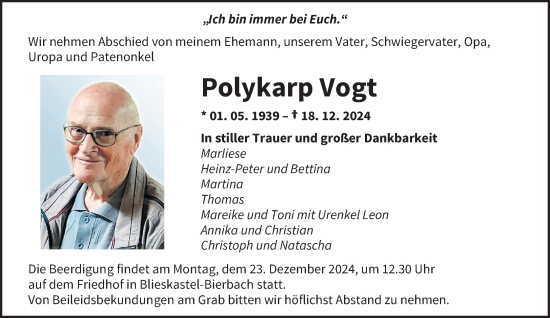 Todesanzeige von Polykarp Vogt von saarbruecker_zeitung