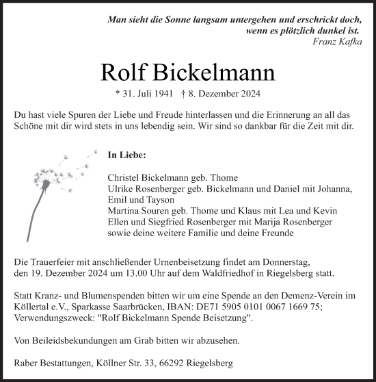 Todesanzeige von Rolf Bickelmann von saarbruecker_zeitung