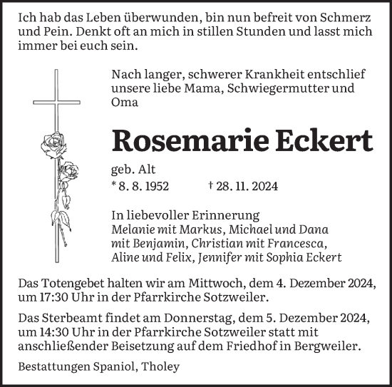 Todesanzeige von Rosemarie Eckert von saarbruecker_zeitung