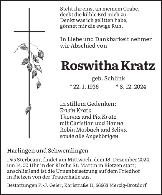 Todesanzeige von Roswitha Kratz von saarbruecker_zeitung