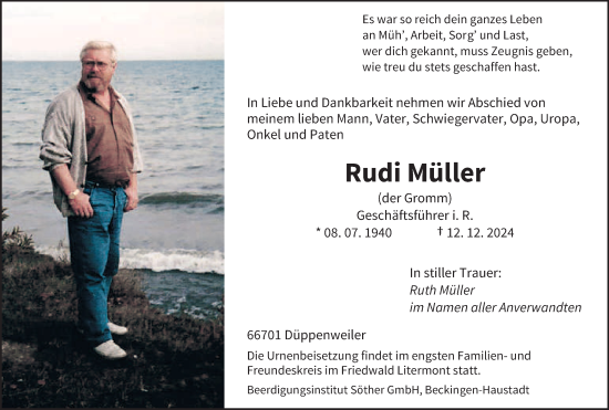 Todesanzeige von Rudi Müller von saarbruecker_zeitung