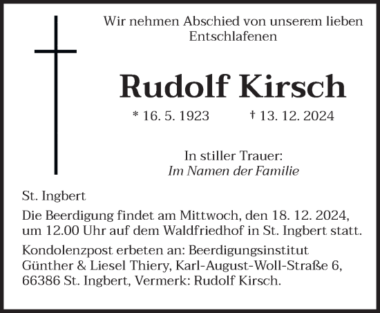 Todesanzeige von Rudolf Kirsch von saarbruecker_zeitung