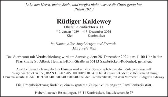 Todesanzeige von Rüdiger Kaldewey von saarbruecker_zeitung