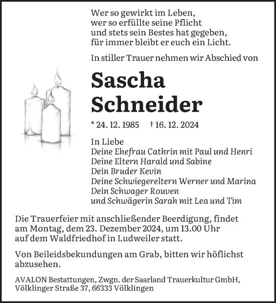 Todesanzeige von Sascha Schneider von saarbruecker_zeitung