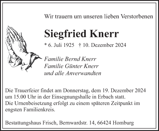 Todesanzeige von Siegfried Knerr von saarbruecker_zeitung