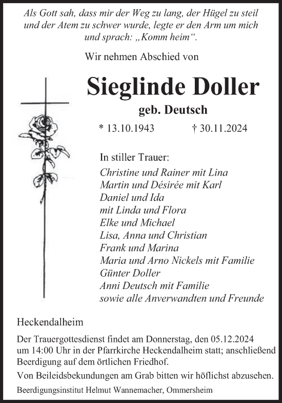 Todesanzeige von Sieglinde Doller von saarbruecker_zeitung