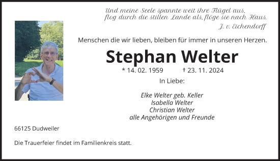 Todesanzeige von Stephan Welter von saarbruecker_zeitung