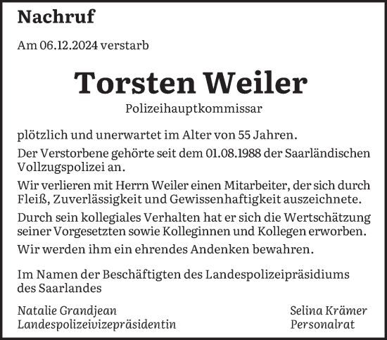 Todesanzeige von Torsten Weiler von saarbruecker_zeitung