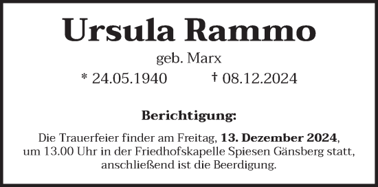 Todesanzeige von Ursula Rammo von saarbruecker_zeitung