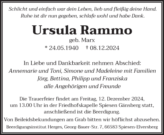 Todesanzeige von Ursula Rammo von saarbruecker_zeitung