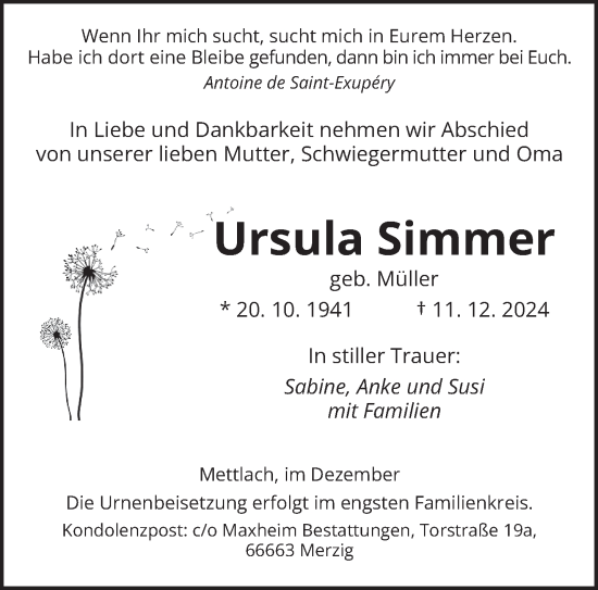 Todesanzeige von Ursula Simmer von saarbruecker_zeitung