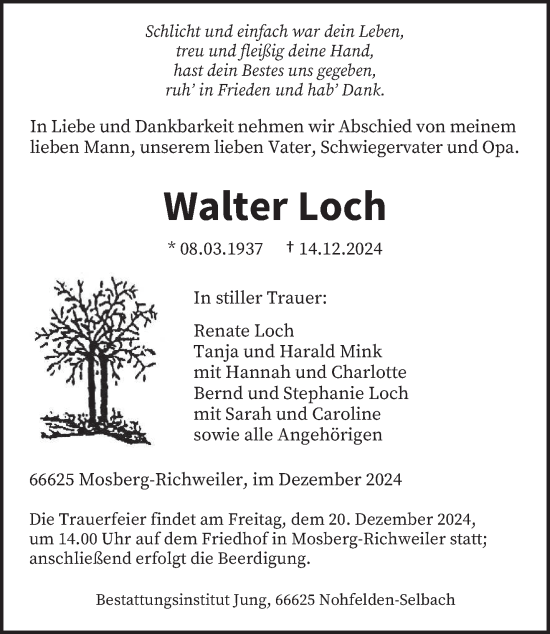 Todesanzeige von Walter Loch von saarbruecker_zeitung