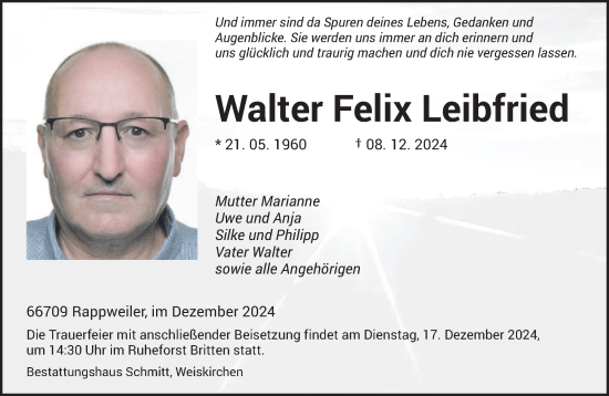 Todesanzeige von Walter Felix Leibfried von saarbruecker_zeitung