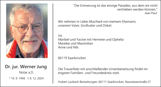 Todesanzeige von Werner Jung von saarbruecker_zeitung