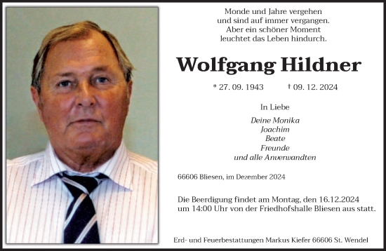 Todesanzeige von Wolfgang Hildner von saarbruecker_zeitung