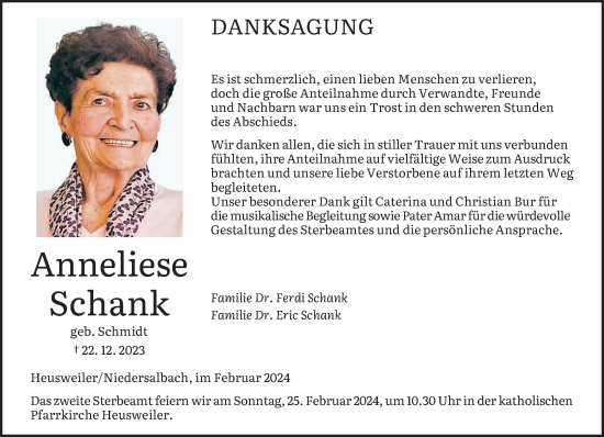 Todesanzeige von Anneliese Schank von saarbruecker_zeitung