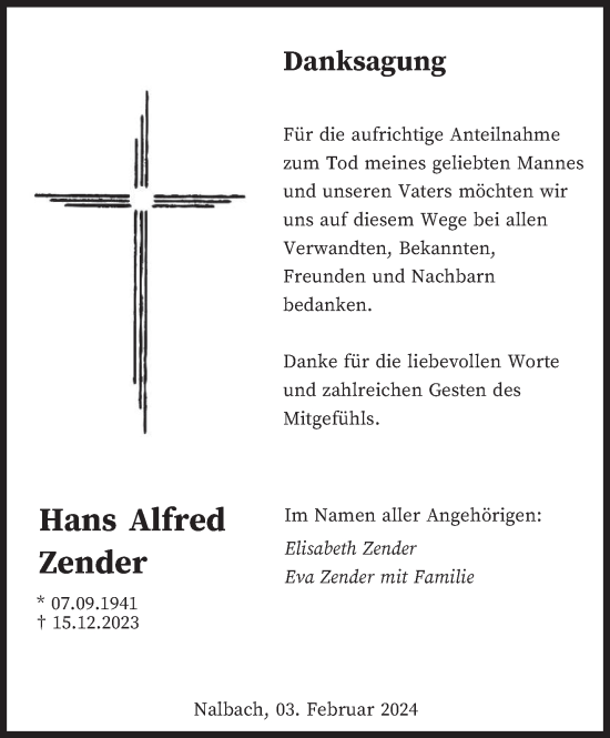 Todesanzeige von Hans Alfred Zender von saarbruecker_zeitung