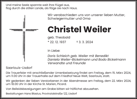 Todesanzeige von Christel Weiler von saarbruecker_zeitung