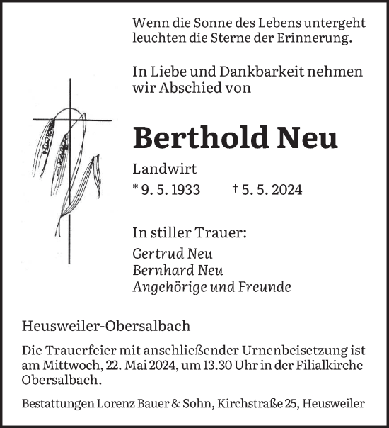 Todesanzeige von Berthold Neu von saarbruecker_zeitung