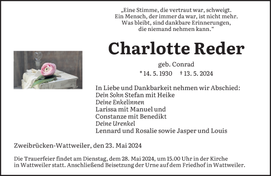 Todesanzeige von Charlotte Reder von saarbruecker_zeitung