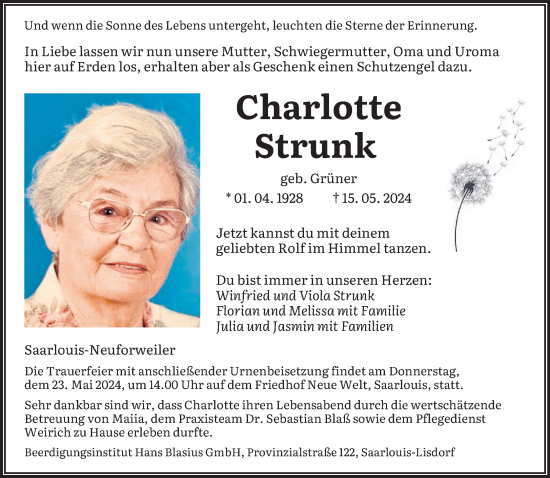 Todesanzeige von Charlotte Strunk von saarbruecker_zeitung