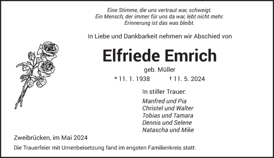 Todesanzeige von Elfriede Emrich von saarbruecker_zeitung