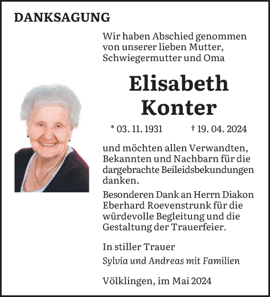 Todesanzeige von Elisabeth Konter von saarbruecker_zeitung